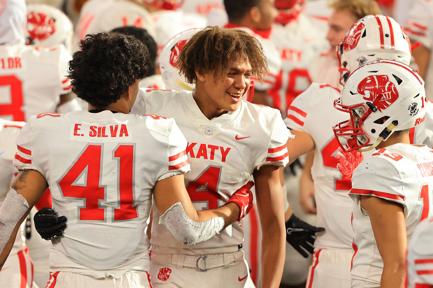 Katy High junior receiver Nic Anderson (4) celebrates after the Tigers’ 51-14 Class 6A-Division II state championship win over Cedar Hill on Saturday, Jan. 16, at AT&T Stadium in Arlington.